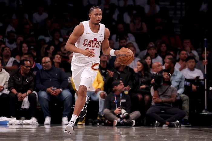 Oct 25, 2023; Brooklyn, New York, USA; Cleveland Cavaliers forward Isaac Okoro (35) brings the ball up court against the Brooklyn Nets during the second quarter at Barclays Center.